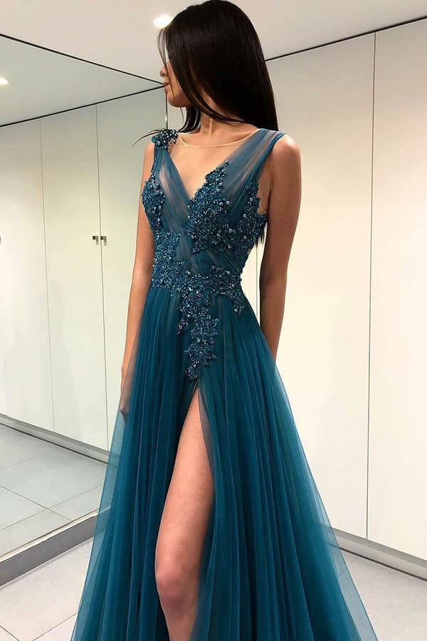 A-Line V-Neck Split Turquoise Tulle Prom Dress with Appliques Beading –  Pgmdress