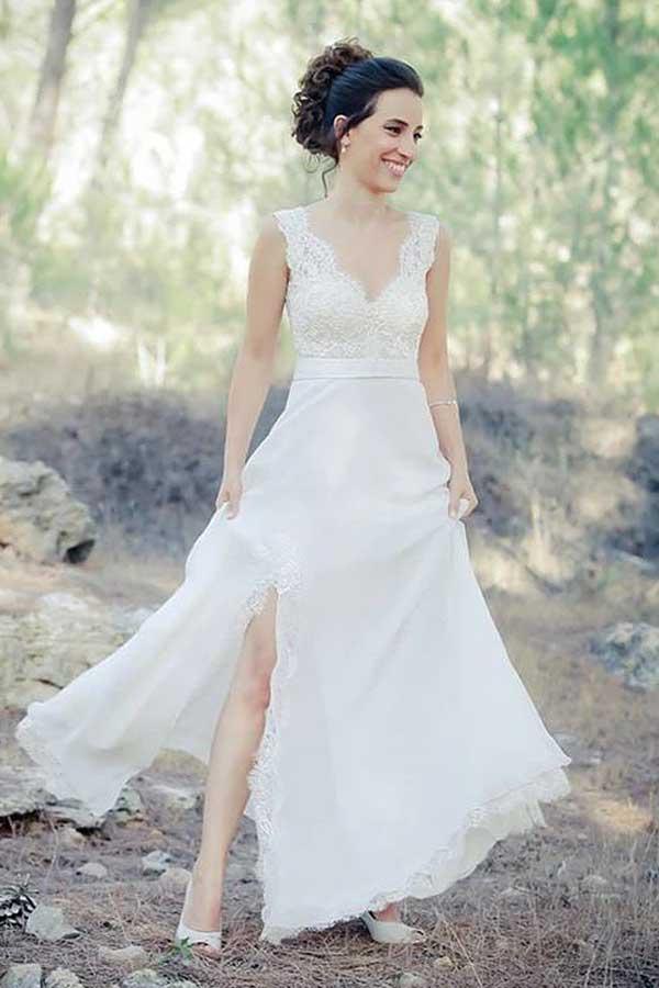 Chiffon A-Line Halter Sleeveless Long Beach Wedding Dress with Lace,MW –  Musebridals