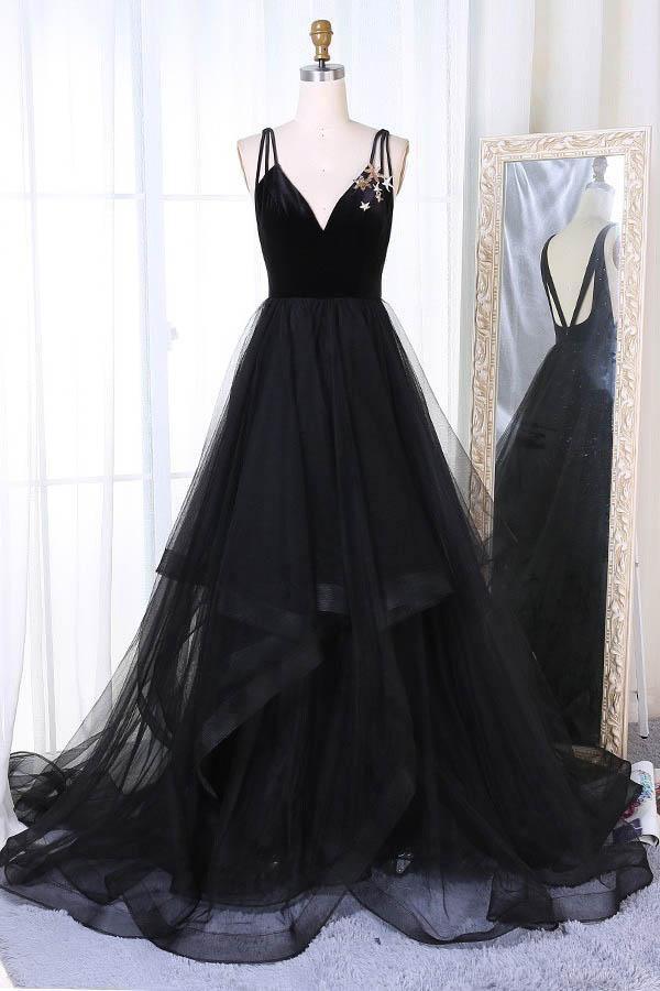 A-Line V-Neck Sweep Train Pleated Tiered Black Tulle Prom Dress – Pgmdress