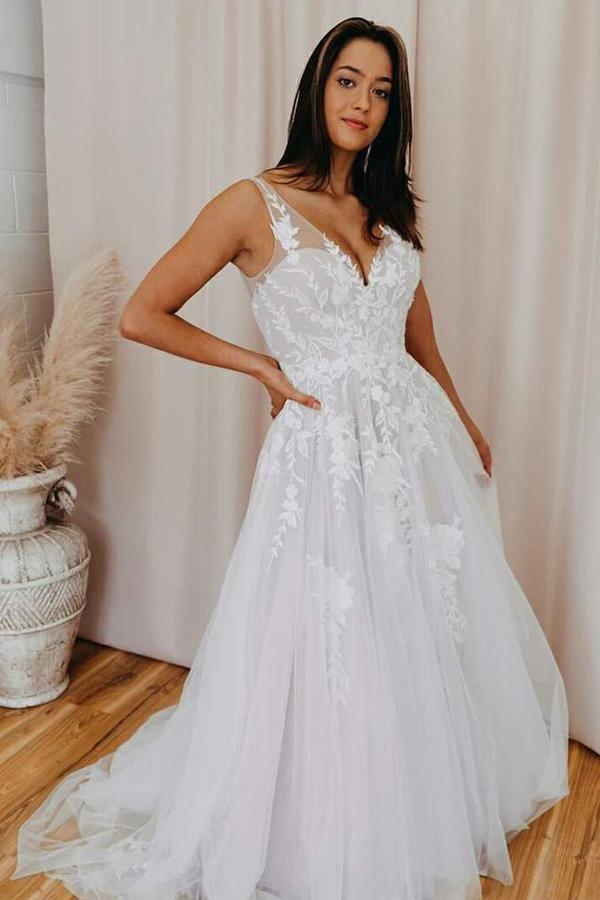 Tulle A-line Illusion Sleeveless Lace Appliques Wedding Dresses With Train,  MW803