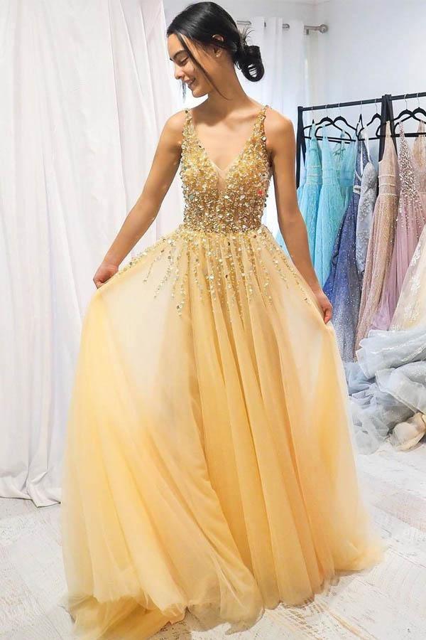 Two-piece Bright Yellow Plunging V Neck Prom Dress - Xdressy