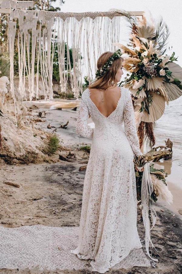 Sheer Long Sleeves Lace Modest Bride Dress Wedding Gown – Pgmdress
