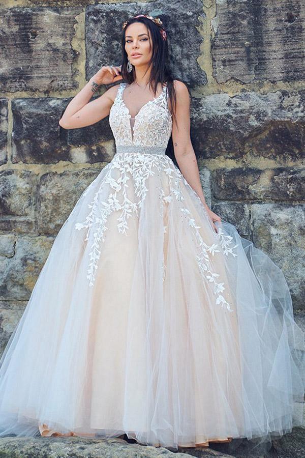 Ball Gown V Neck Full/Long Sleeve Sweep Train Satin Wedding Dress With  Appliqued Lace
