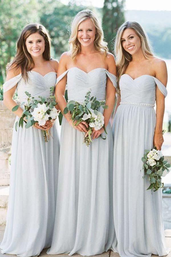 A-lline Chiffon Off the Shoulder Silver Beach Bridesmaid Dresses – Pgmdress