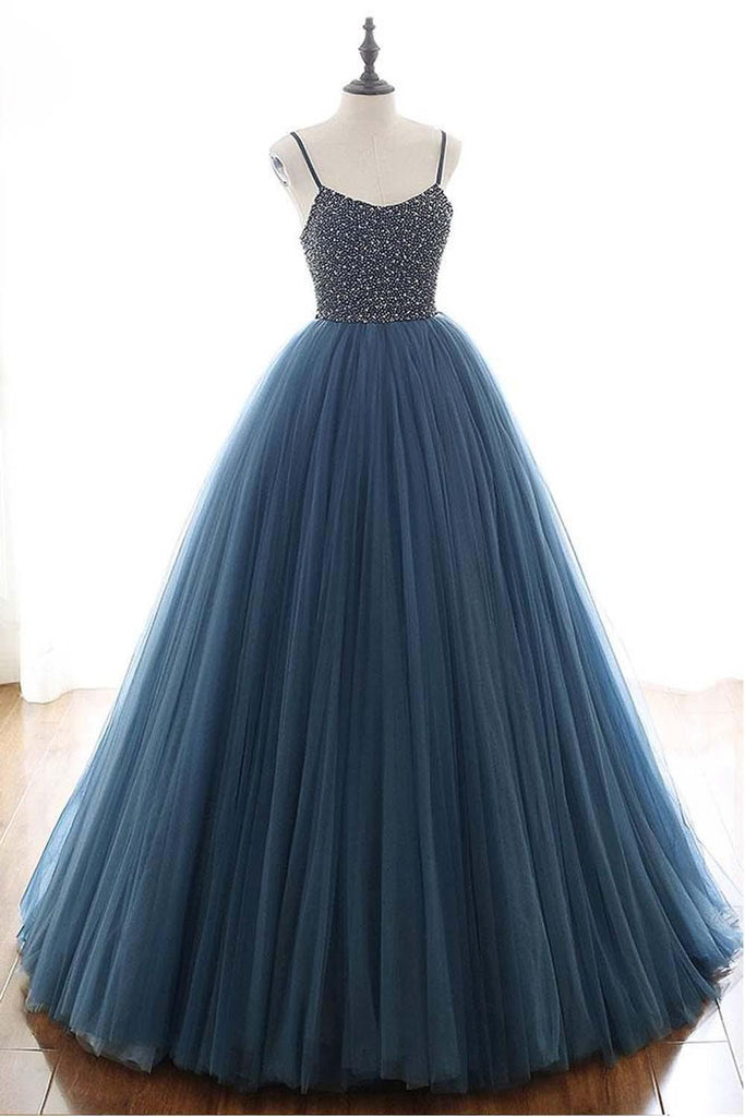 Ball Gown Deep Blue Tulle Prom Dress Evening Dress With Beading – Pgmdress