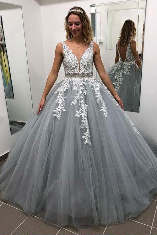 Luxury / Gorgeous Grey Prom Dresses 2020 Ball Gown V-Neck Sleeveless Sash  Beading Floor-Length / Long Cascading Ruffles Backless Formal Dresses