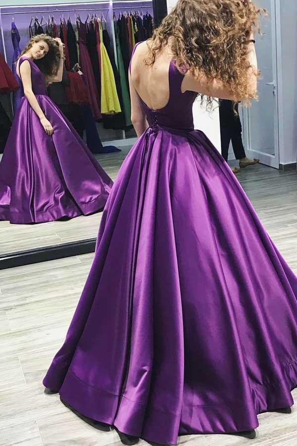 Purple Plus Size Prom Dresses Satin V Neck Sleeveless Formal Dress wit