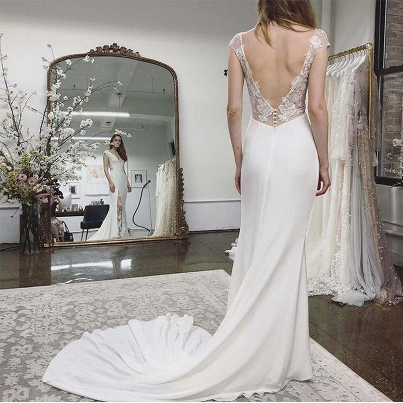 A-line See Through Floor Length Beach Wedding Dresses Rustic Bridal Dresses  WD498