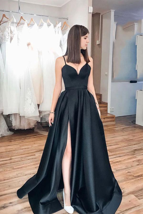A Line Sweetheart Spaghetti Straps Black Satin Split Long Prom Dresses –  Pgmdress