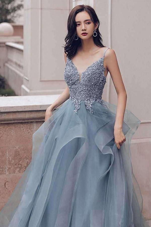 Blue Gray Lace V Neck Long Ruffles Prom Dress Organza Evening