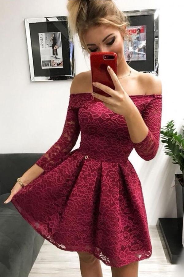 Burgundy Lace Off-the-Shoulder Long Sleeves Homecoming Dresses PD338 ...