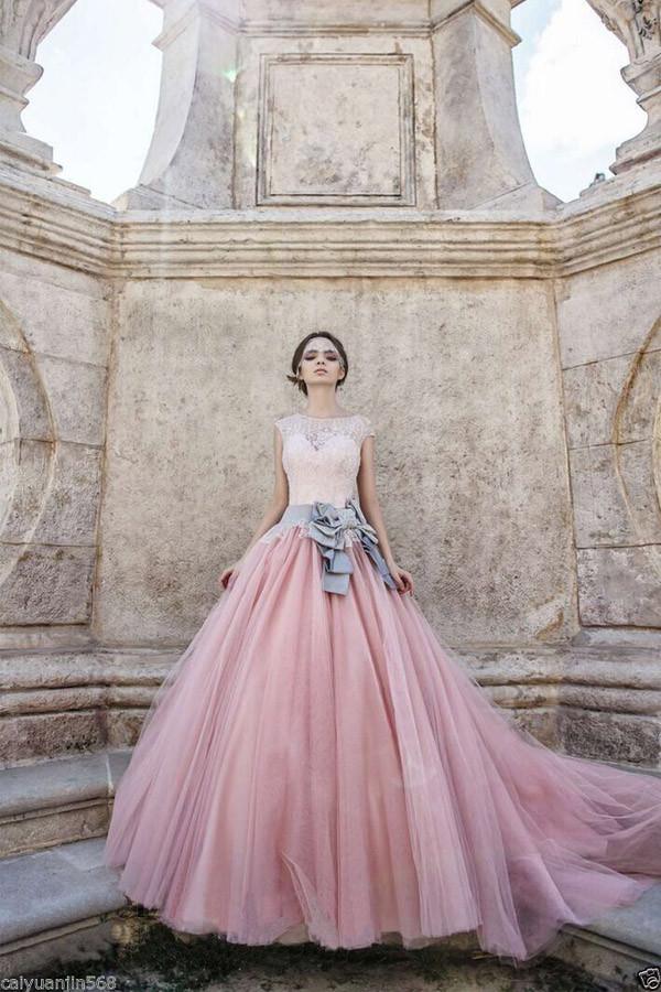 Pink Puffy Tulle Wedding Dresses Strapless Cap Sleeves Ruffles Pleated Long  Bridal Wedding Gowns Crystal Beaded Custom Made - AliExpress