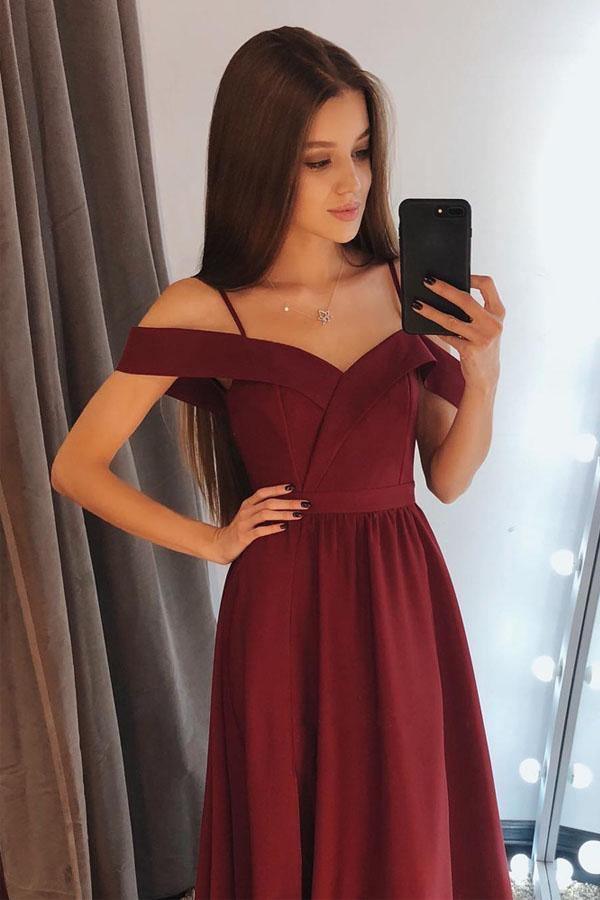 Chic Burgundy Off Shoulder Floor Length Satin Lace Prom Dresses – Pgmdress