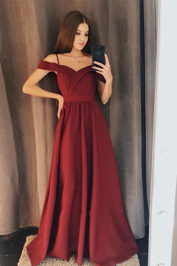 Chic Burgundy Off Shoulder Floor Length Satin Lace Prom Dresses – Pgmdress