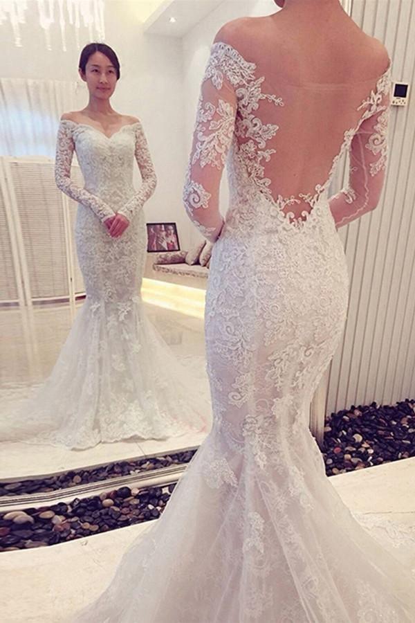 Charming Off The Shoulder Long Sleeves Lace Mermaid Wedding Dress – Pgmdress