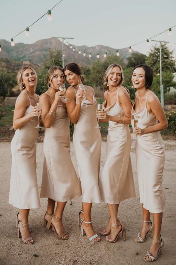 Champagne Bridesmaid Dress 2021 Cowl Neck Silk Slip Midi Dress –  AnnaCustomDress