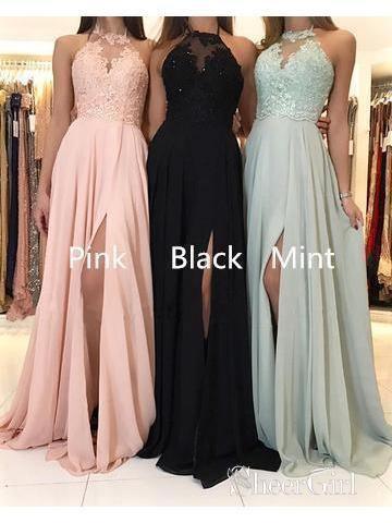 Cheap Long Bridesmaid Dresses Lace Top Chiffon Formal Dress with Slit ...