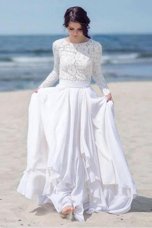 A Line Two Piece Round Neck Long Sleeves Lace Beach Wedding Dresses WD463