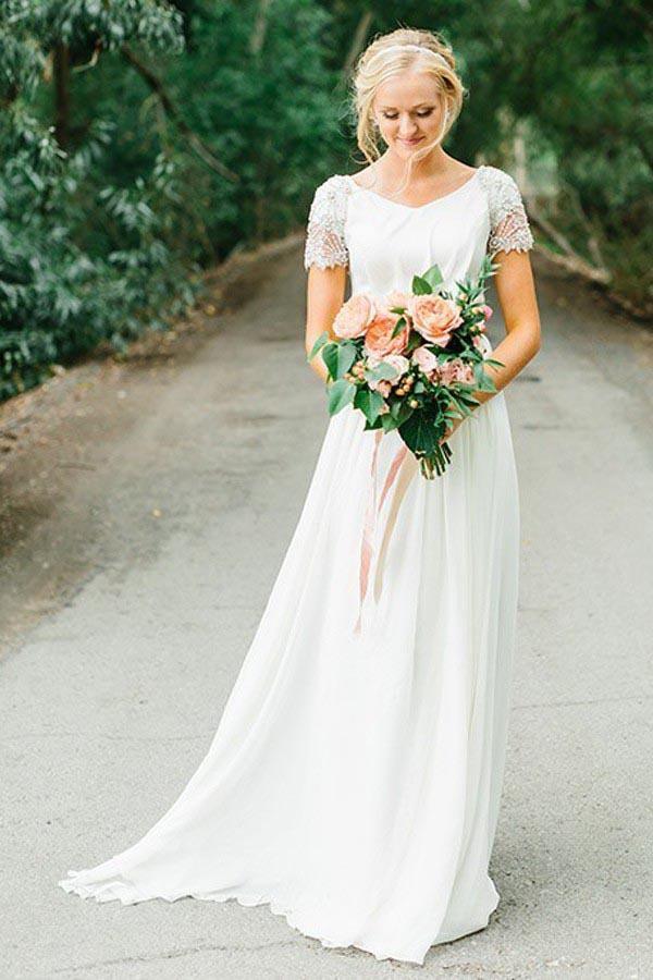 A-Line Ivory Lace Cap Sleeve Vintage Chiffon Wedding Dresses