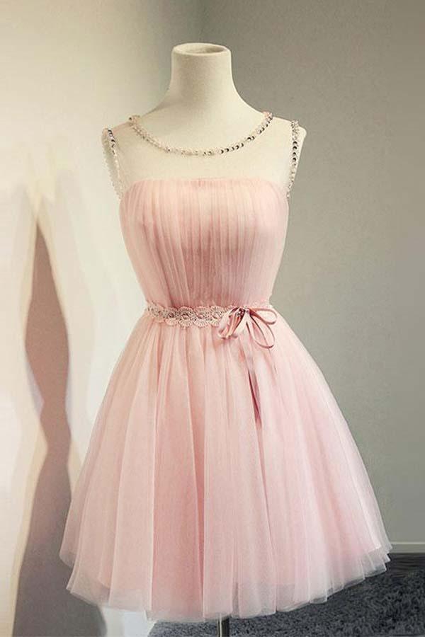 Cute A-line Round Neck Pink Tulle Short Prom Dress Homecoming Dresses ...