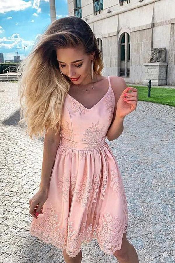 Cute A Line V Neck Spaghetti Straps Blush Pink Lace Homecoming Dresses –  Pgmdress