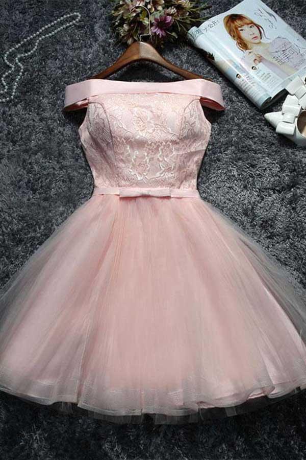 Cute Pink Lace Tulle Short Prom Dress, Pink Party Dress US 2 / Pink