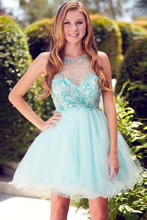 Cute Beaded Light Blue Tulle Short Prom Dress Homecoming Dress
