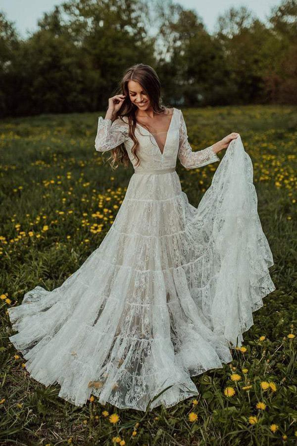 Deep V Neck Boho Wedding Dress Long Sleeve Rustic Wedding Dress – Pgmdress