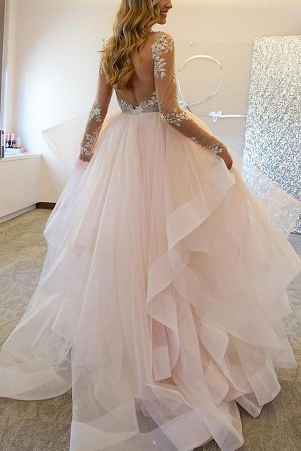 Long Sleeves Tulle Wedding Dresses Bridal Gowns With Lace Applique –  Pgmdress