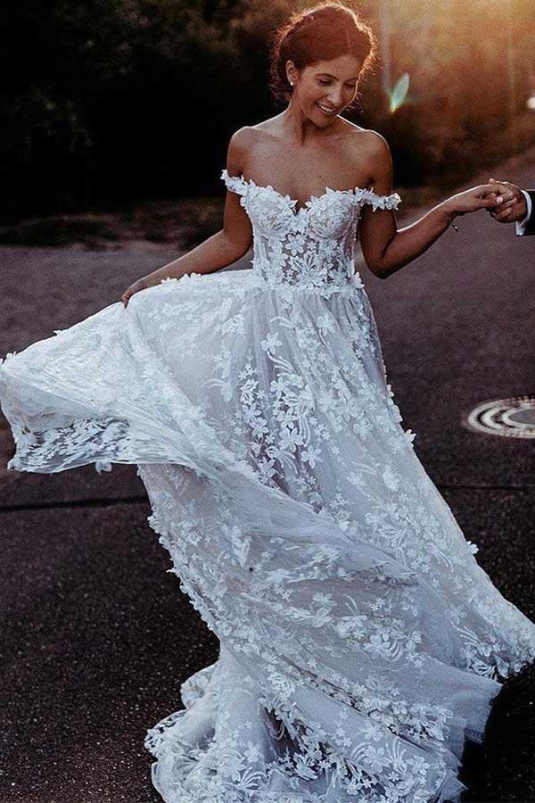 pgmdress Elegant A-Line Off Shoulder White Tulle Wedding Dress with Appliques US18 / As Picture