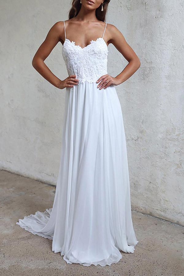 Elegant A-line Straps White Long Chiffon Beach Wedding Dress – Pgmdress