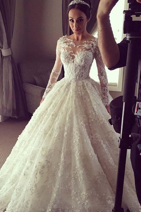 Elegant Ball Gown Lace Long Wedding Dress with Long Illusion Sleeves –  Pgmdress