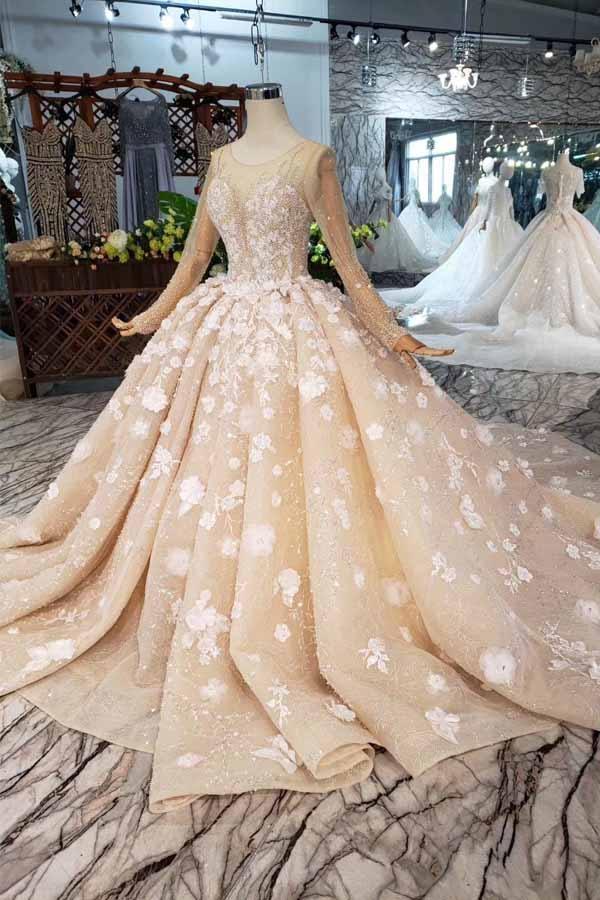Elegant Long Sleeves Ball Gown Beading Wedding Dress With Flowers – Pgmdress