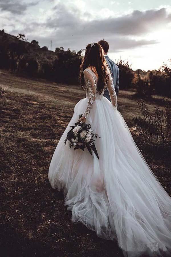 Long Sleeves Tulle Wedding Dresses Bridal Gowns With Lace Applique –  Pgmdress