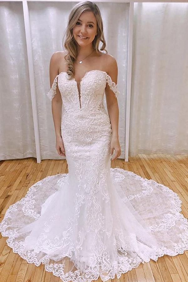 Elegant Mermaid Off the Shoulder Lace Wedding Dresses with Appliques ...