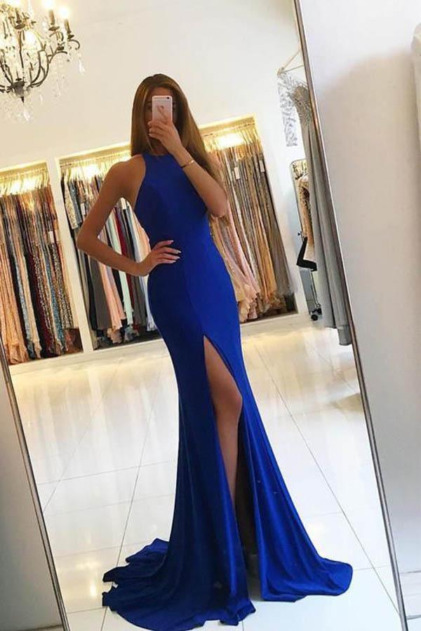 Amazing Royal Blue Lace Mermaid Long Sleeve Evening Dress Long Court Train  High Neck Women Formal Prom Dresses Vestidose