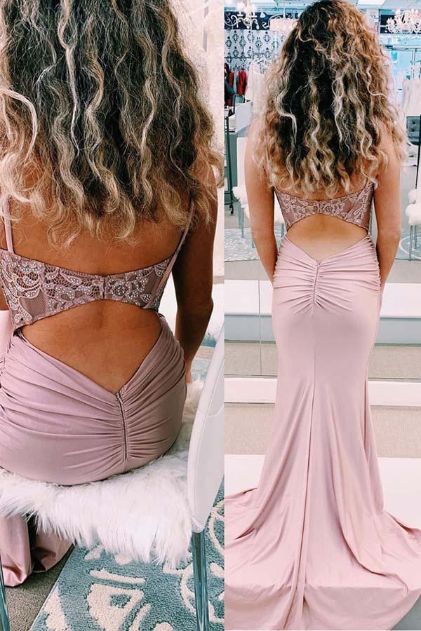 Blush Pink Lace Applique Backless Mermaid Wedding Dresses, AB1501