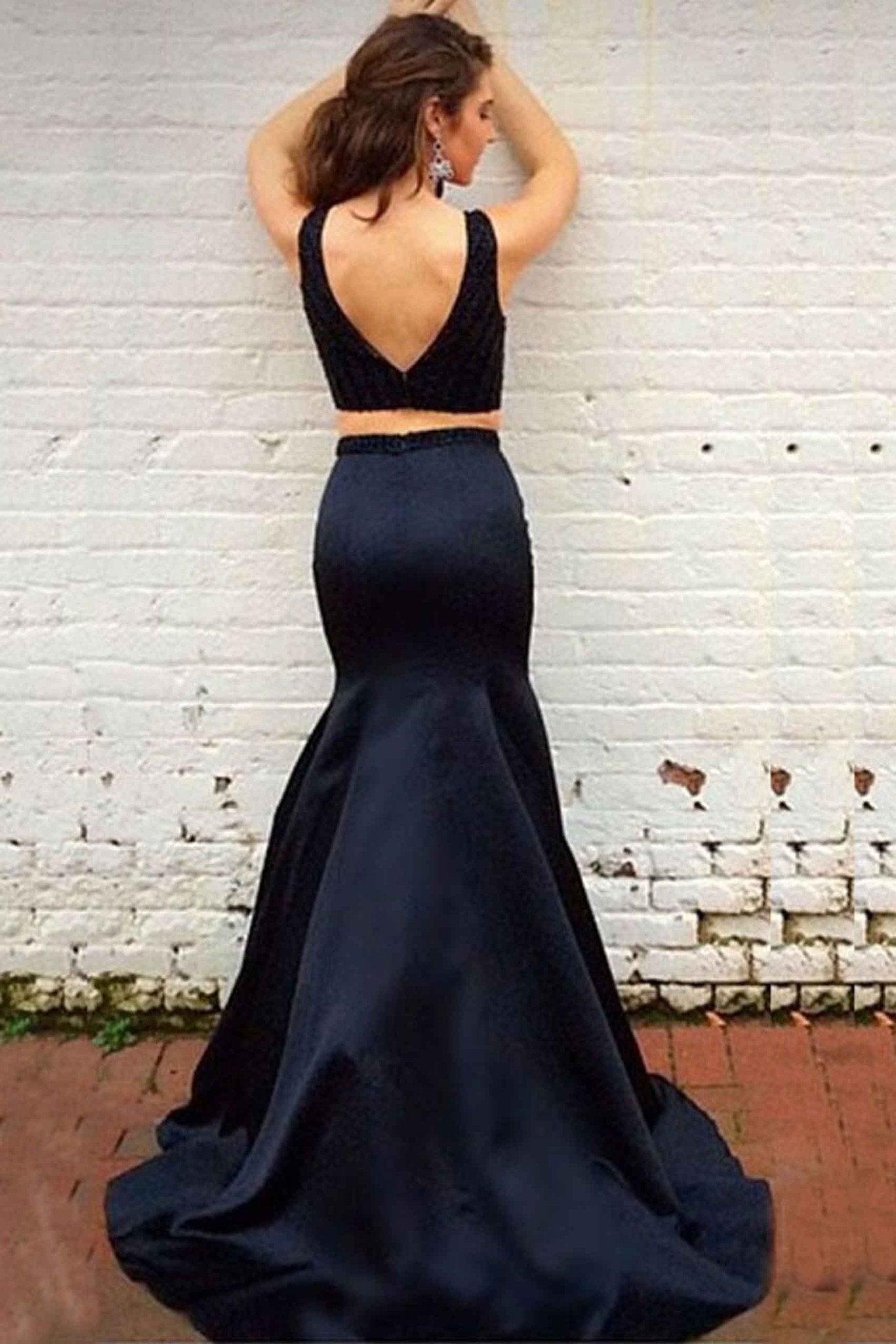 Elegant Two Piece Black Mermaid Sweep Train Prom Dress with Beading ...