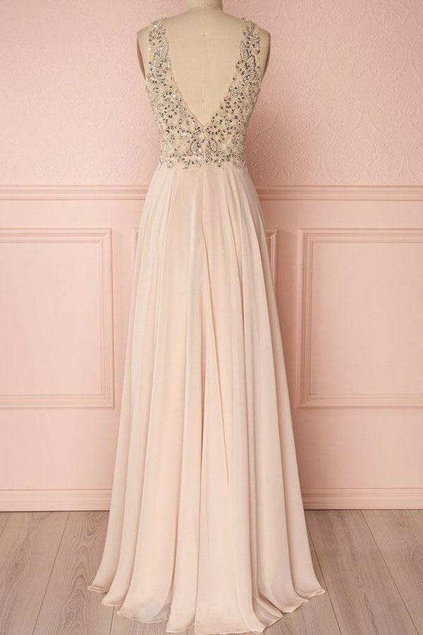 Beaded V-neck Backless Floor Length A-line Pink Dress - VQ