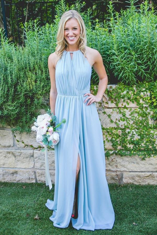 Floor-Length High Split Blue Chiffon Sleeveless Bridesmaid Dress – Pgmdress