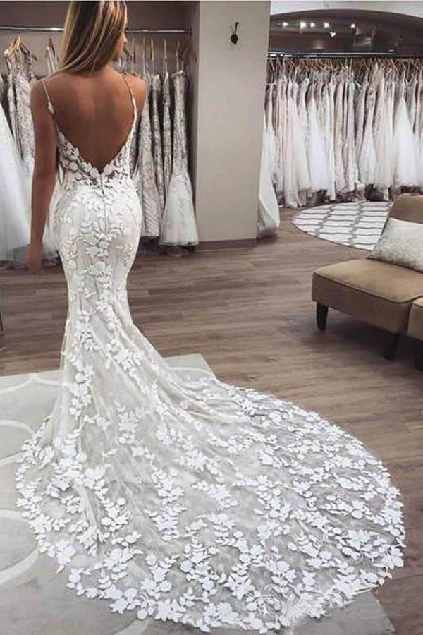 Charming Mermaid Sweetheart Backless Spaghetti Straps Tulle Wedding Dresses