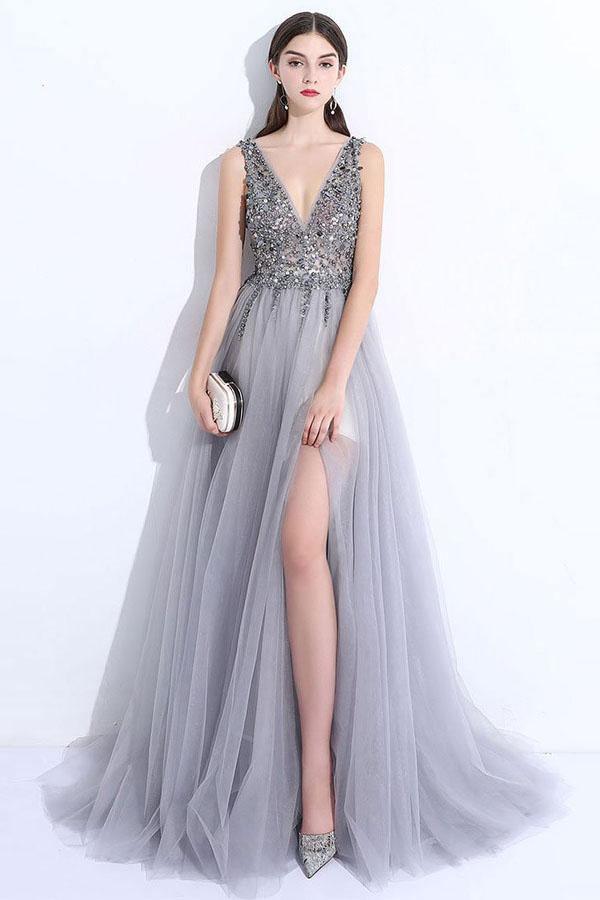 Gray A-line V Neck Tulle Split Prom Evening Dresses With Beading – Pgmdress