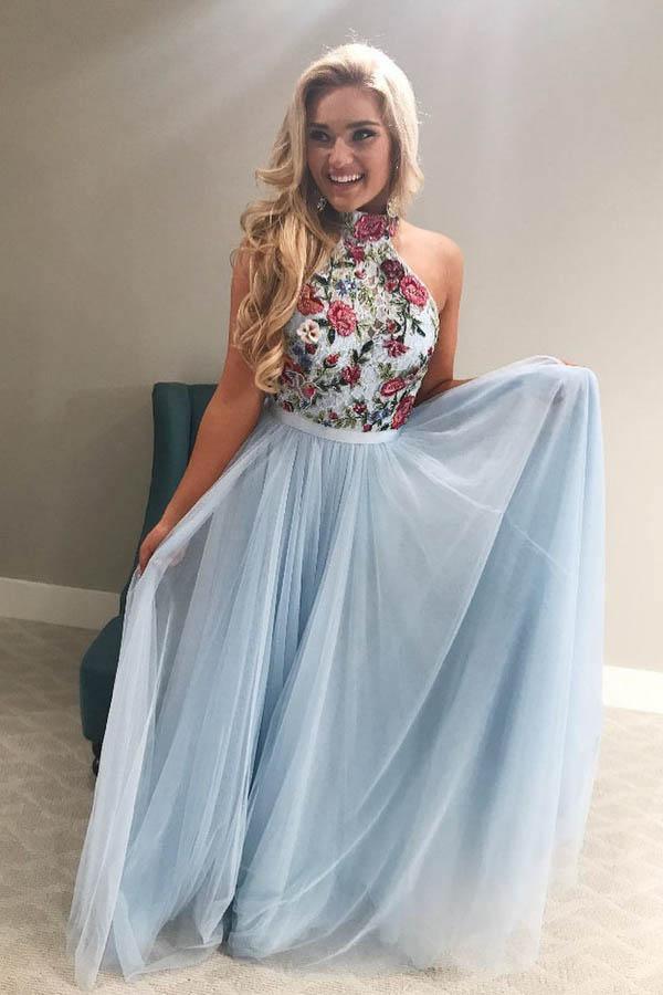 Sky Blue Long Chiffon Prom Dresses with Sleeves Formal Dresses – Pgmdress