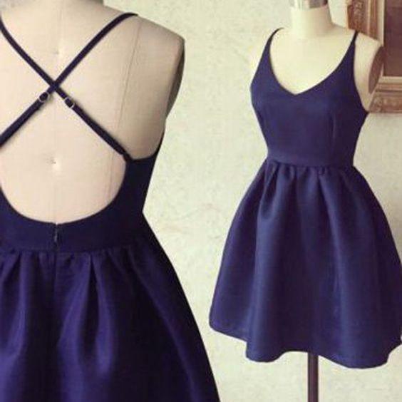 Navy Blue Sleeveless Short Homecoming Dress,Prom Dress with Rhinestones –  Simibridaldresses