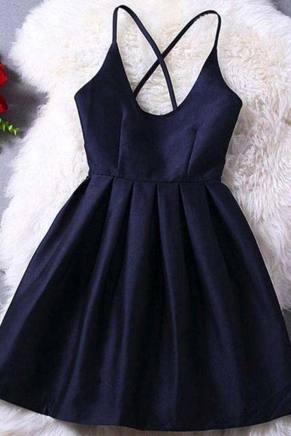 Robe de bal de fin d'année bleu marine foncé bretelles croisées robe de bal  courte – Pgmdress