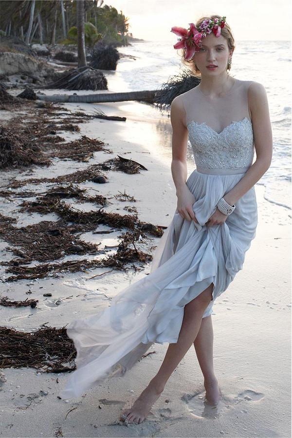 Illusion Neckline Sheer Back Beach Lace Chiffon Wedding Dress – Pgmdress