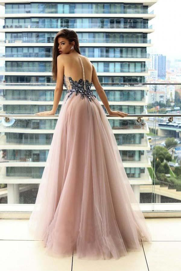 Halter Brush Train Simple Prom/Evening Dress With Lace Applique – Pgmdress