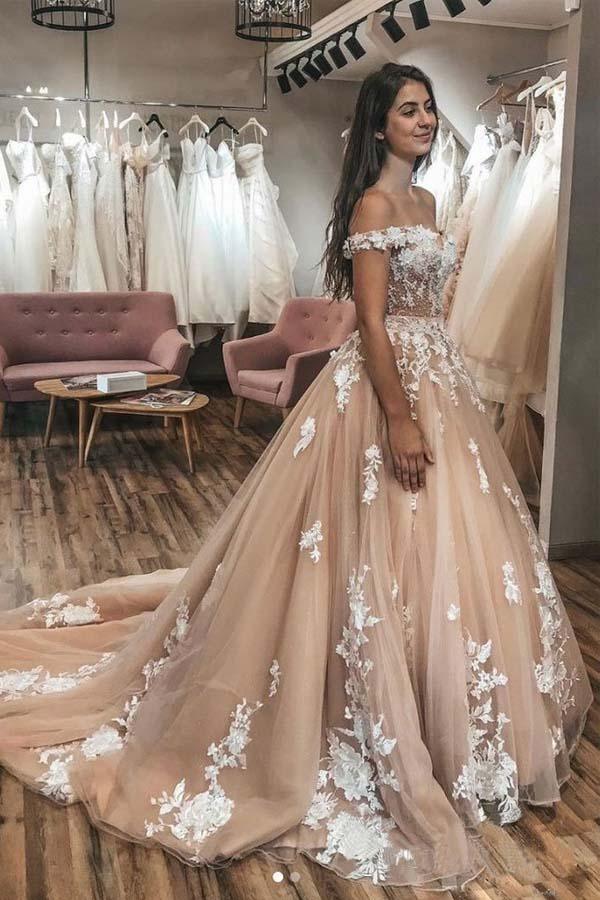 Champagne Gold Tulle Sequins Off The Shoulder Beading Wedding Dress with Train