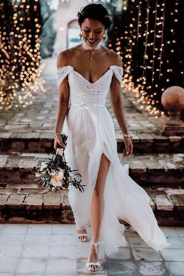 Ivory Lace Off The Shoulder Backless Chiffon Split Wedding Dresses
