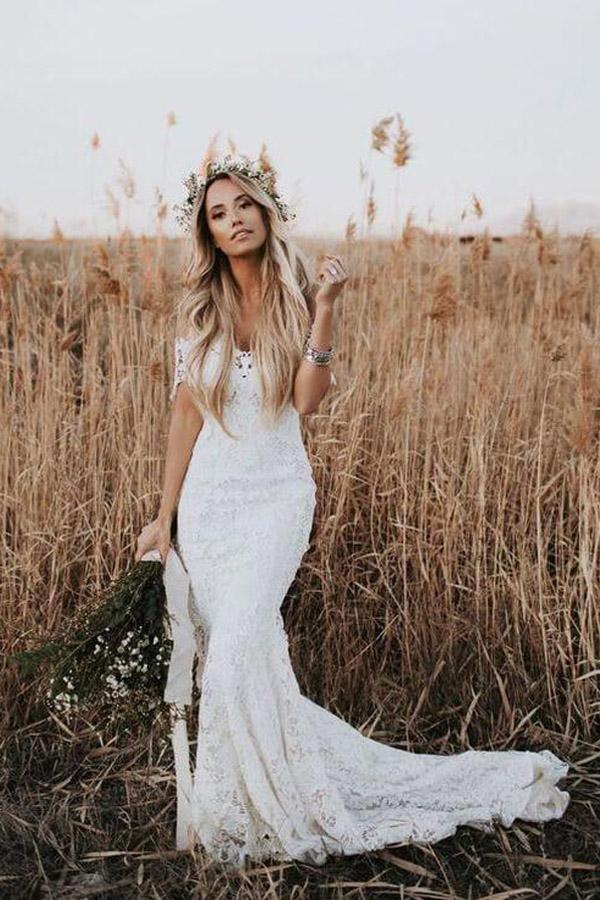 Beach Ivory Lace Wedding Dresses Long Mermaid Bridal Gown